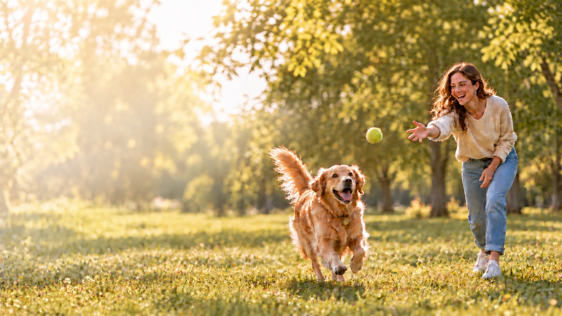 A woman and her dog enjoying a game of fetch outdoors